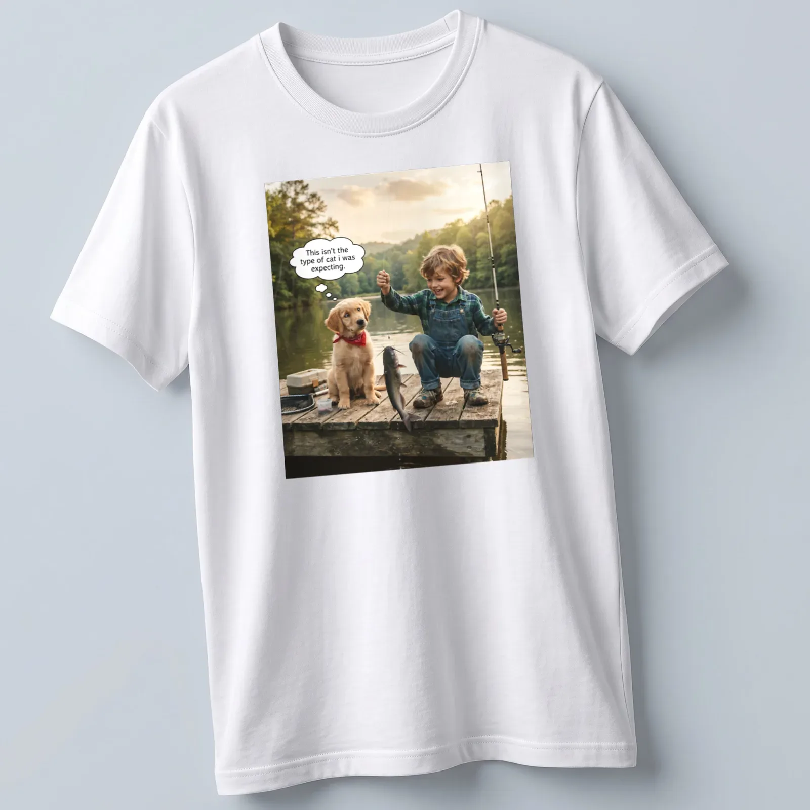 Photographic t-shirt featuring a golden retriever puppy and child fishing together — printed on a unisex t-shirt
