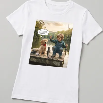 Photographic t-shirt featuring a golden retriever puppy and child fishing together — printed on a women's shirt