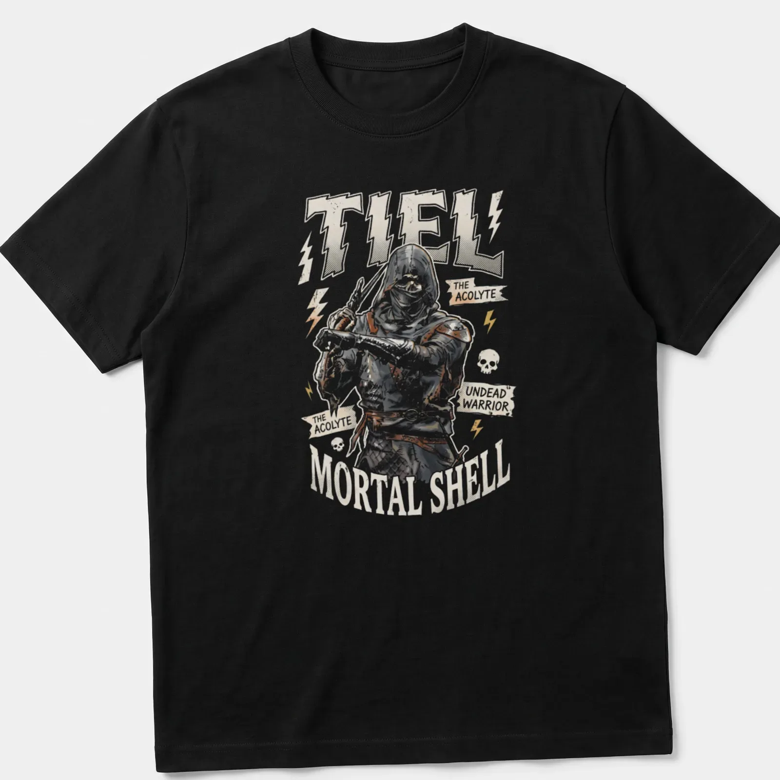 Vintage streetwear T-shirt featuring The Acolyte from Mortal Shell in bold text — printed on a unisex t-shirt