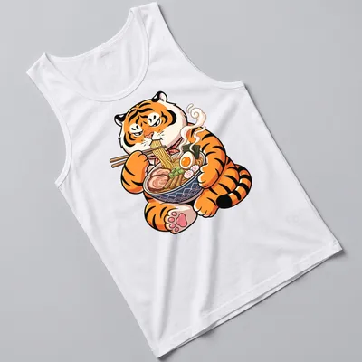 Kawaii cartoon tiger enjoying ramen in colorful style — printed on a tank top