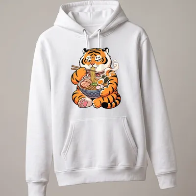 Kawaii cartoon tiger enjoying ramen in colorful style — printed on a unisex hoodie