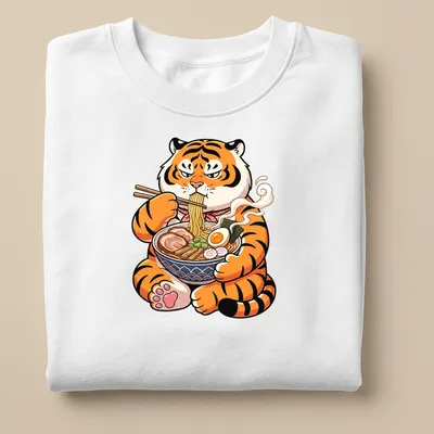 Kawaii cartoon tiger enjoying ramen in colorful style — printed on a unisex sweatshirt