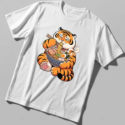 Kawaii cartoon tiger enjoying ramen in colorful style