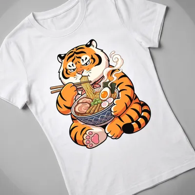 Kawaii cartoon tiger enjoying ramen in colorful style — printed on a women's shirt
