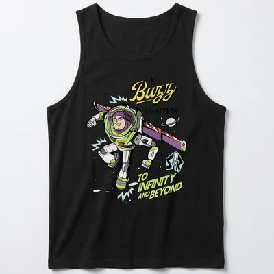 Cartoon Buzz Lightyear T-shirt with vibrant colors and bold text — printed on a tank top