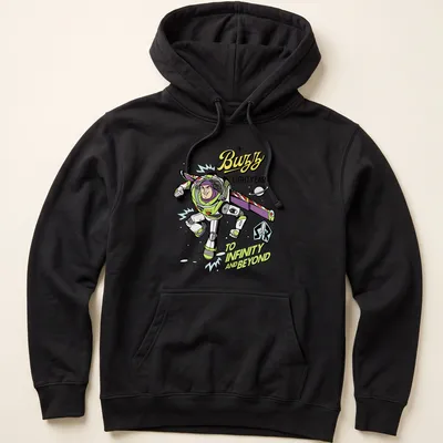 Cartoon Buzz Lightyear T-shirt with vibrant colors and bold text — printed on a unisex hoodie