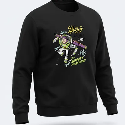 Cartoon Buzz Lightyear T-shirt with vibrant colors and bold text — printed on a unisex sweatshirt