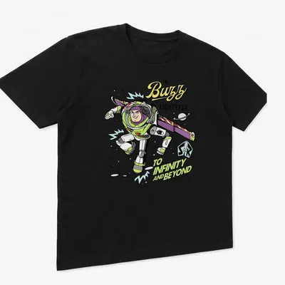 Cartoon Buzz Lightyear T-shirt with vibrant colors and bold text — printed on a unisex t-shirt (angled view)