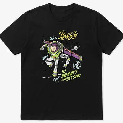 Cartoon Buzz Lightyear T-shirt with vibrant colors and bold text