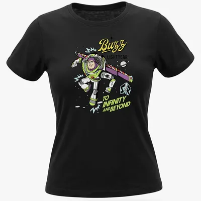 Cartoon Buzz Lightyear T-shirt with vibrant colors and bold text — printed on a women's shirt