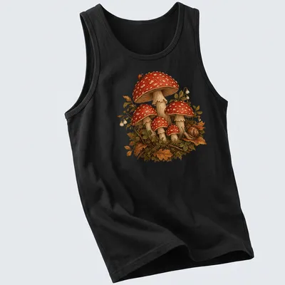 Realistic illustration of toadstool mushrooms with a snail, vibrant colors — printed on a tank top