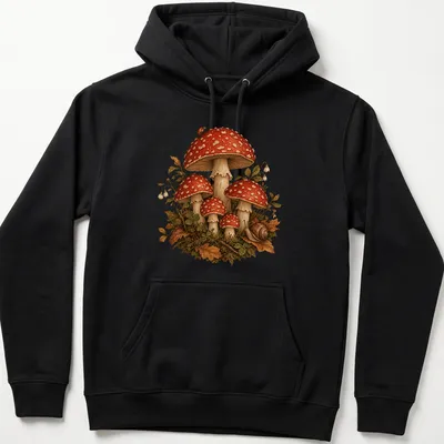 Realistic illustration of toadstool mushrooms with a snail, vibrant colors — printed on a unisex hoodie