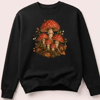 Realistic illustration of toadstool mushrooms with a snail, vibrant colors — printed on a unisex sweatshirt