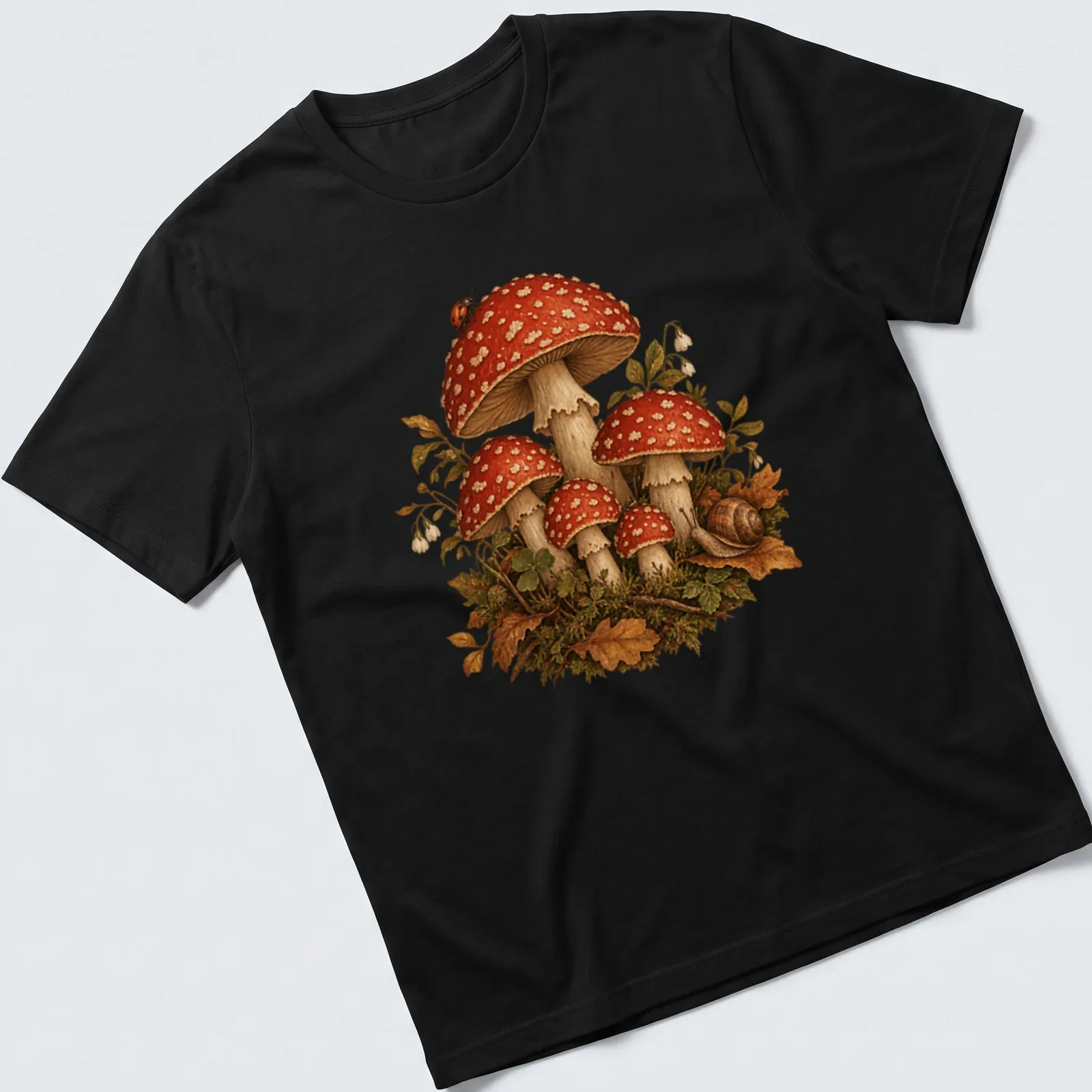 Realistic illustration of toadstool mushrooms with a snail, vibrant colors — printed on a unisex t-shirt
