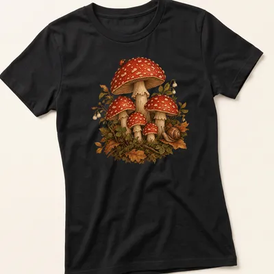 Realistic illustration of toadstool mushrooms with a snail, vibrant colors — printed on a women's shirt