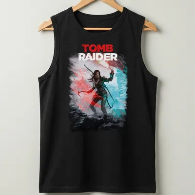 Digital art of a Tomb Raider in a snowy landscape with bold colors. — printed on a tank top