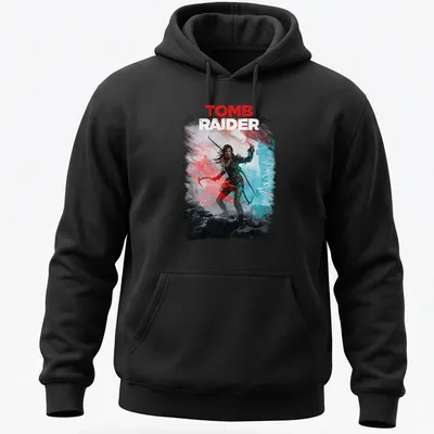 Digital art of a Tomb Raider in a snowy landscape with bold colors. — printed on a unisex hoodie