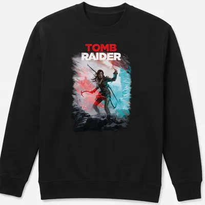 Digital art of a Tomb Raider in a snowy landscape with bold colors. — printed on a unisex sweatshirt