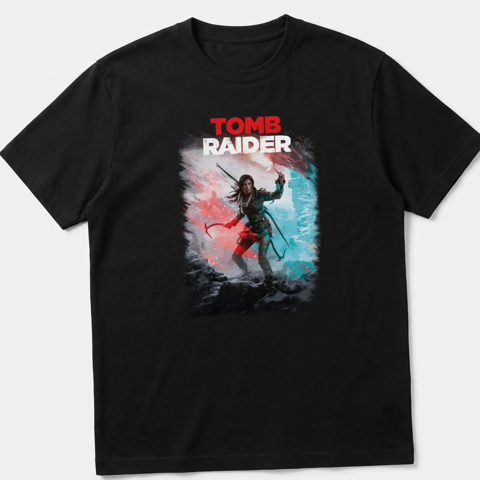 Digital art of a Tomb Raider in a snowy landscape with bold colors. — printed on a unisex t-shirt