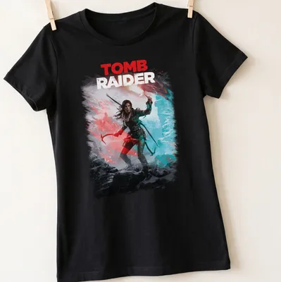 Digital art of a Tomb Raider in a snowy landscape with bold colors. — printed on a women's shirt