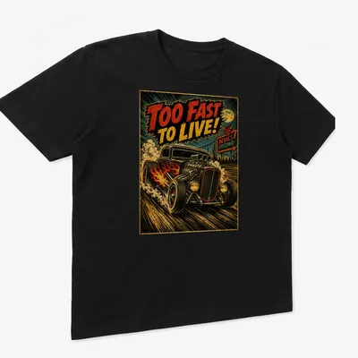 Retro hot rod car graphic with bold text Too Fast To Live! — printed on a unisex t-shirt (angled view)