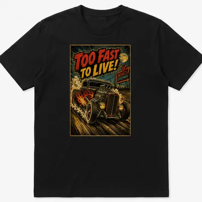 Retro hot rod car graphic with bold text Too Fast To Live!
