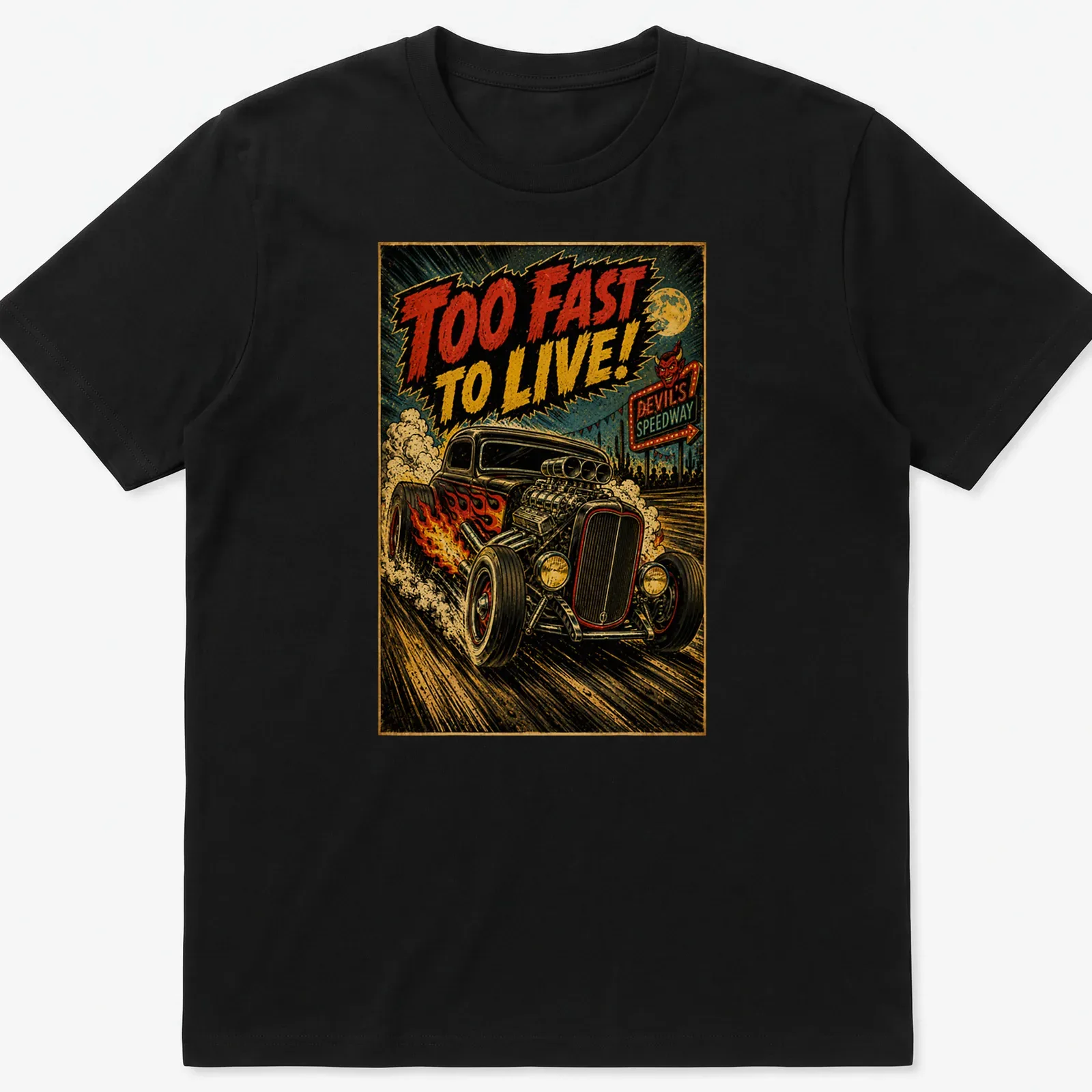 Retro hot rod car graphic with bold text Too Fast To Live! — printed on a unisex t-shirt