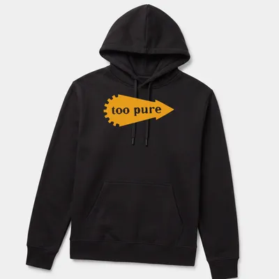 Bold graphic tee with the text 'too pure' and an arrow design in orange and white — printed on a unisex hoodie