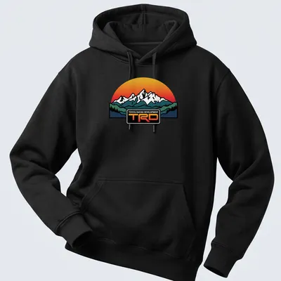 Retro T-shirt featuring Toyota Racing Development TRD with mountain graphic. — printed on a unisex hoodie
