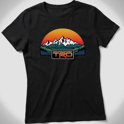Retro T-shirt featuring Toyota Racing Development TRD with mountain graphic. — printed on a women's shirt