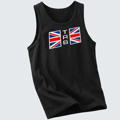 Graphic design featuring the TR6 text and Union Jack flag in red, blue, and white — printed on a tank top