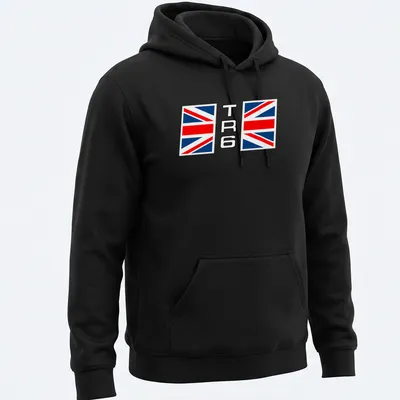 Graphic design featuring the TR6 text and Union Jack flag in red, blue, and white — printed on a unisex hoodie