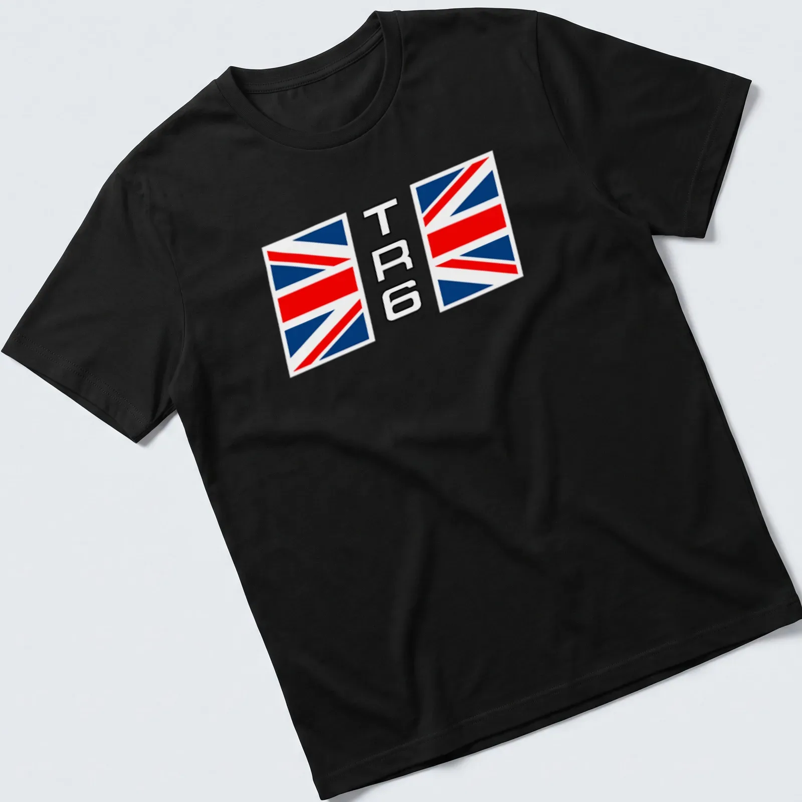 Graphic design featuring the TR6 text and Union Jack flag in red, blue, and white — printed on a unisex t-shirt