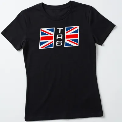 Graphic design featuring the TR6 text and Union Jack flag in red, blue, and white — printed on a women's shirt