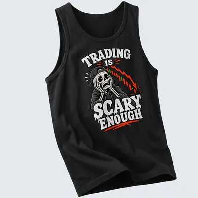 Cartoon skeleton stock trader with humorous text about trading on a black and white — printed on a tank top