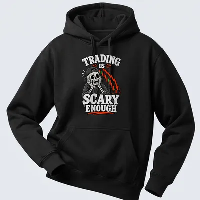 Cartoon skeleton stock trader with humorous text about trading on a black and white — printed on a unisex hoodie
