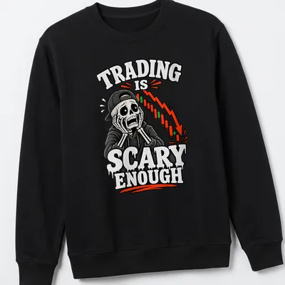 Cartoon skeleton stock trader with humorous text about trading on a black and white — printed on a unisex sweatshirt