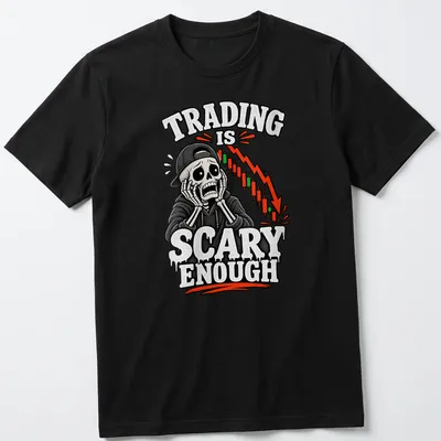 Cartoon skeleton stock trader with humorous text about trading on a black and white shirt