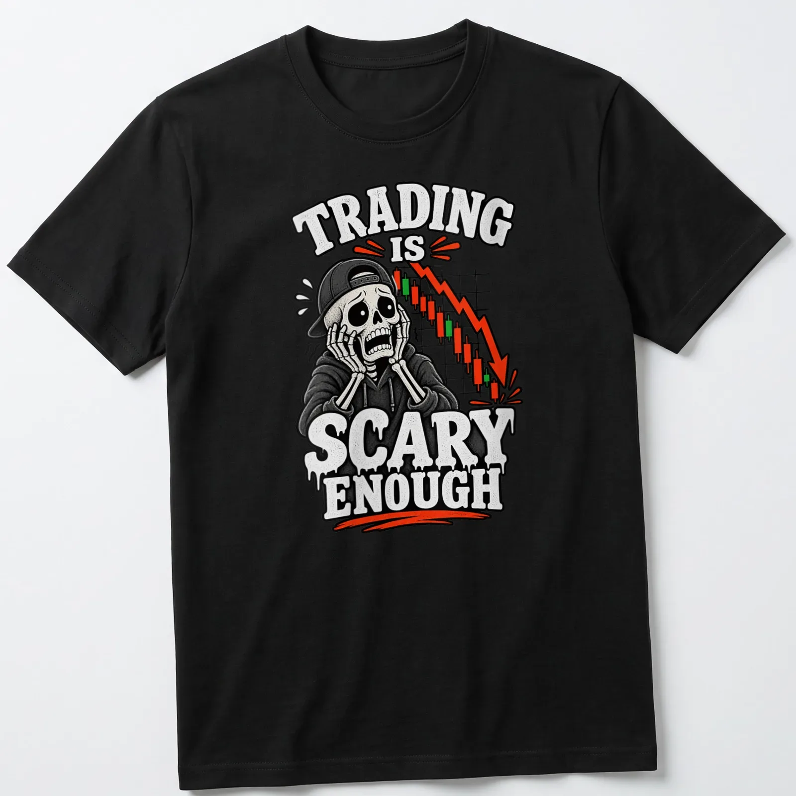 Cartoon skeleton stock trader with humorous text about trading on a black and white — printed on a unisex t-shirt