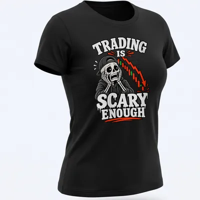 Cartoon skeleton stock trader with humorous text about trading on a black and white — printed on a women's shirt
