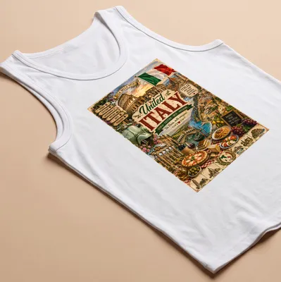 Vintage travel poster design featuring Colosseum and Amalfi Coast with vibrant colors — printed on a tank top