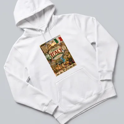 Vintage travel poster design featuring Colosseum and Amalfi Coast with vibrant colors — printed on a unisex hoodie