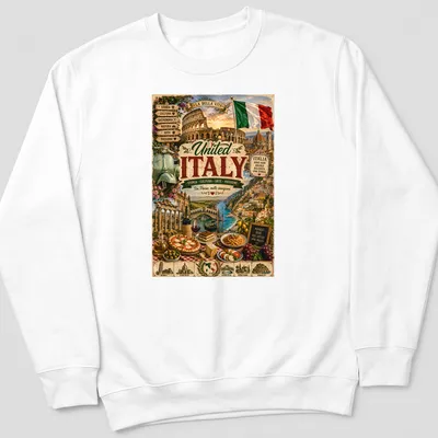 Vintage travel poster design featuring Colosseum and Amalfi Coast with vibrant colors — printed on a unisex sweatshirt