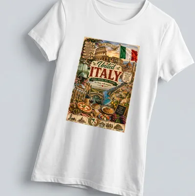 Vintage travel poster design featuring Colosseum and Amalfi Coast with vibrant colors — printed on a women's shirt