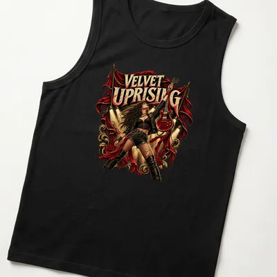 Vintage rock style t-shirt featuring a woman with guitar and bold lettering. — printed on a tank top