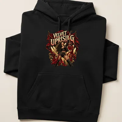 Vintage rock style t-shirt featuring a woman with guitar and bold lettering. — printed on a unisex hoodie