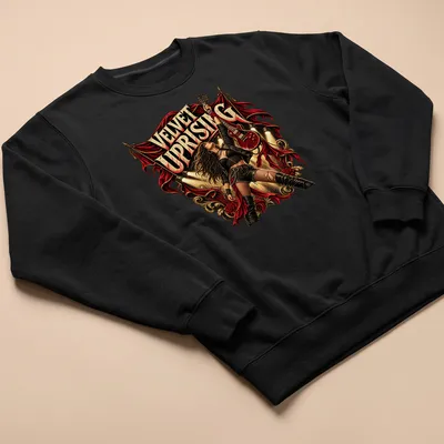 Vintage rock style t-shirt featuring a woman with guitar and bold lettering. — printed on a unisex sweatshirt