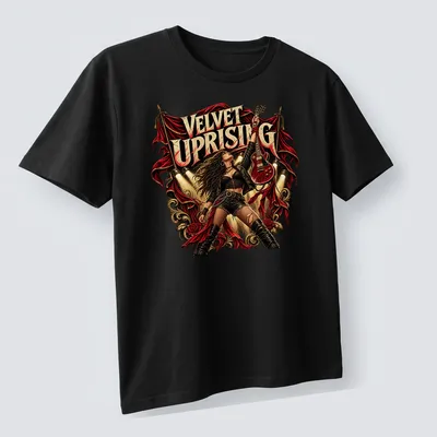 Vintage rock style t-shirt featuring a woman with guitar and bold lettering. — printed on a unisex t-shirt (angled view)