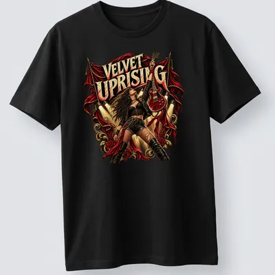 Vintage rock style t-shirt featuring a woman with guitar and bold lettering.
