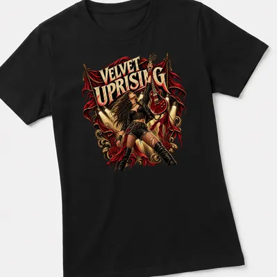 Vintage rock style t-shirt featuring a woman with guitar and bold lettering. — printed on a women's shirt